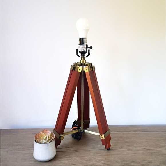 Tripod Floor Lamp Standing Wooden Brown Polished Brass  Vintage Wood Brass Tripod Lamp Adjustable Height Table Nautical Decor No Shade